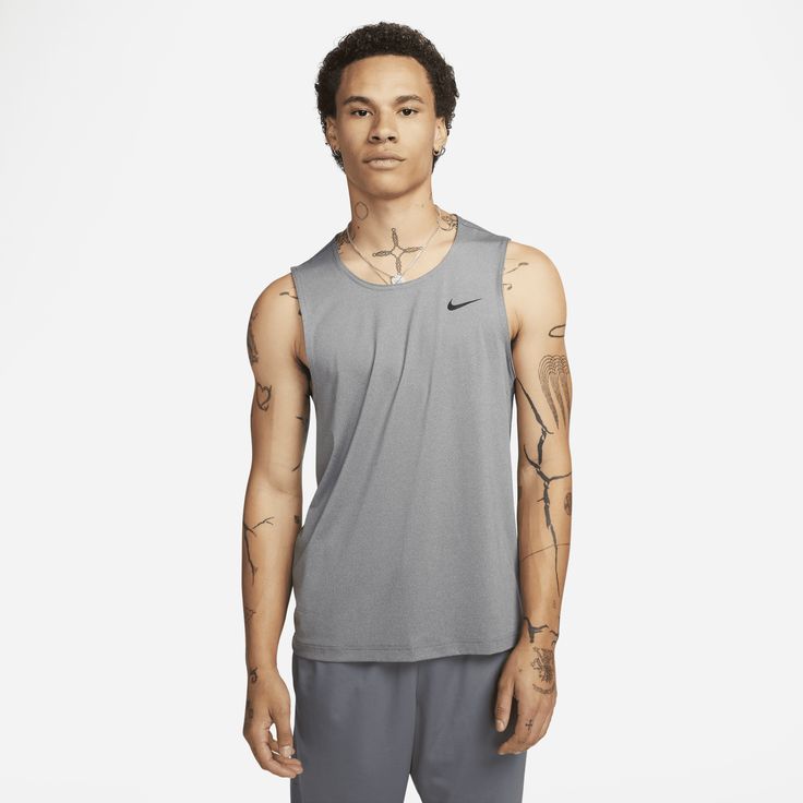 The sweat-wicking Ready Tank keeps you fresh for all your fitness activities. We gave it a relaxed fit with quick-drying, breathable fabric to help you stay cool when your workout heats up. Nike Tank Tops Men, Technical Gray Activewear With Go-dry Technology, Casual Dri-fit Activewear For Workout, Gray Moisture-wicking Activewear For Sports Season, Gray Activewear With Breathable Mesh For Workout, Gray Breathable Mesh Activewear For Workout, Sporty Go-dry Activewear In Athletic Heather, Functional Go-dry Athletic Heather Activewear, Nike Technical Activewear For Sports