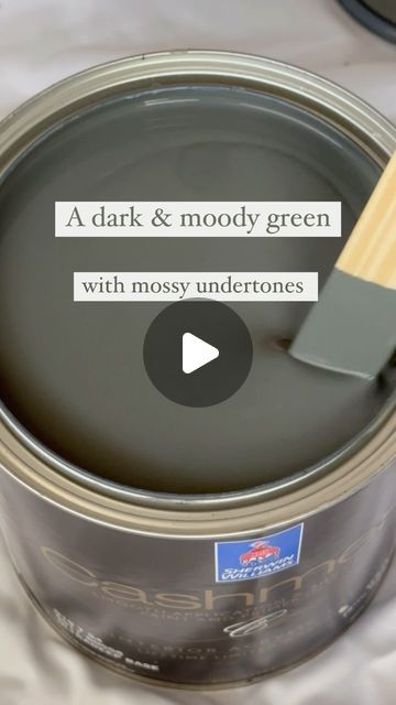 a paint can with a brush in it and the words dark & moody green