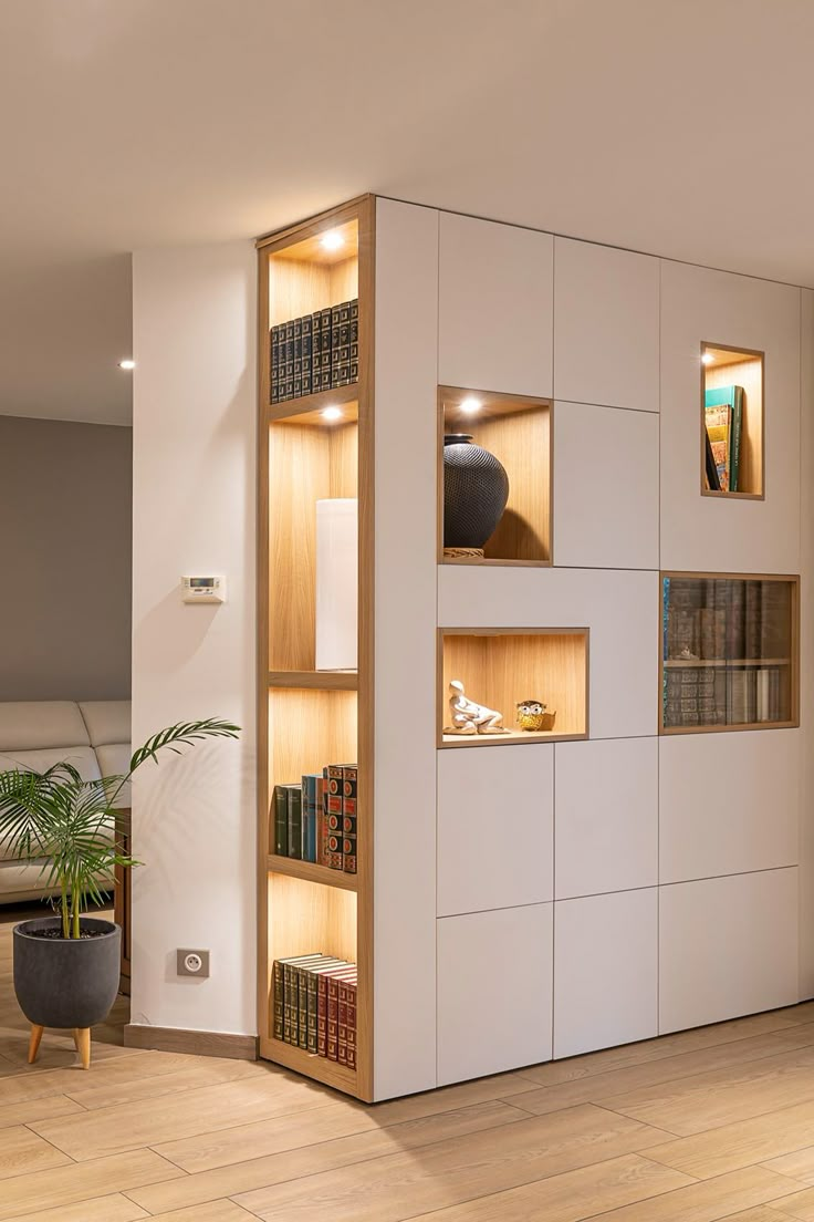 a living room with bookshelves and a potted plant on the floor in front of it