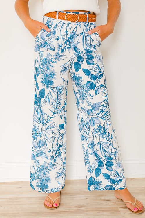 Blue Print Pants - New Arrivals - The Blue Door Boutique Floral Print Straight Leg Bottoms For Vacation, Straight Leg Floral Print Bottoms For Vacation, Vacation Bottoms With Floral Print And Straight Leg, Wide Leg Printed Pants For Loungewear, Floral Print Straight Leg Vacation Bottoms, Printed Straight Pants For Loungewear, Printed Blue Bottoms For Loungewear, Blue Floral Print Pants For Day Out, Printed Blue Wide Leg Pants For Spring