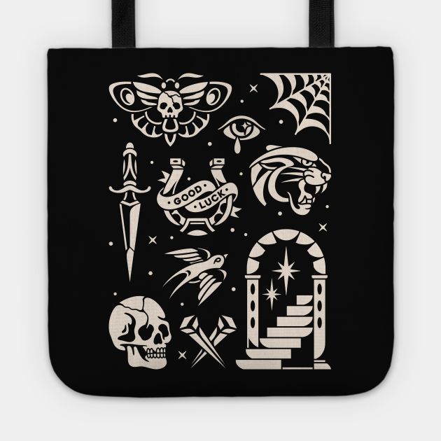 a black and white tote bag with various tattoos on it