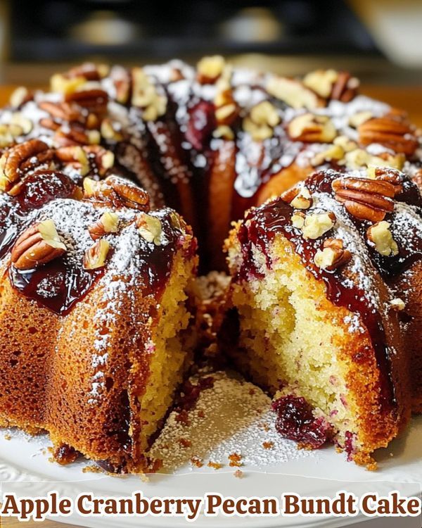 an apple cranberry pecan bundt cake is cut into slices on a white plate