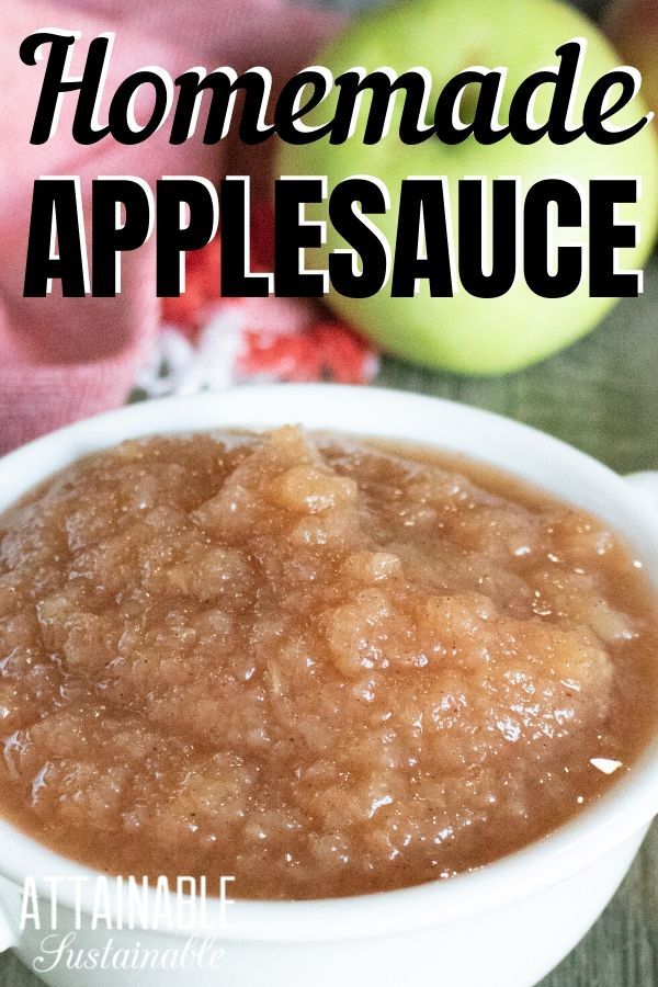 homemade apple sauce in a white bowl with apples in the background and text overlay