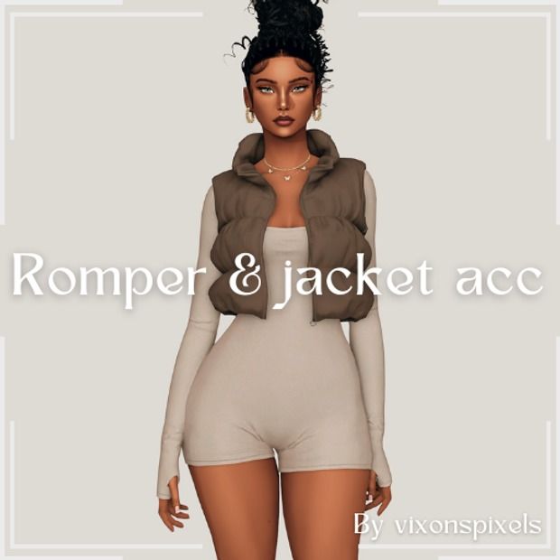 a woman in short shorts and jacket with the words romper & jacket acc