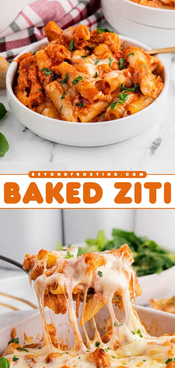 Craving warm comfort food? Here's a simple dinner recipe! It's a classic Italian American pasta bake. Deliciously saucy and cheesy, this easy baked ziti is the BEST. Feel free to keep it vegetarian or add your favorite protein! Baked Ziti Vegetarian, Vegetarian Baked Ziti, Best Baked Ziti Recipe, Simple Pasta Recipe, Baked Ziti With Ricotta, Pasta Marinara, Pasta Bake Easy, Easy Baked Ziti, Ziti Recipe