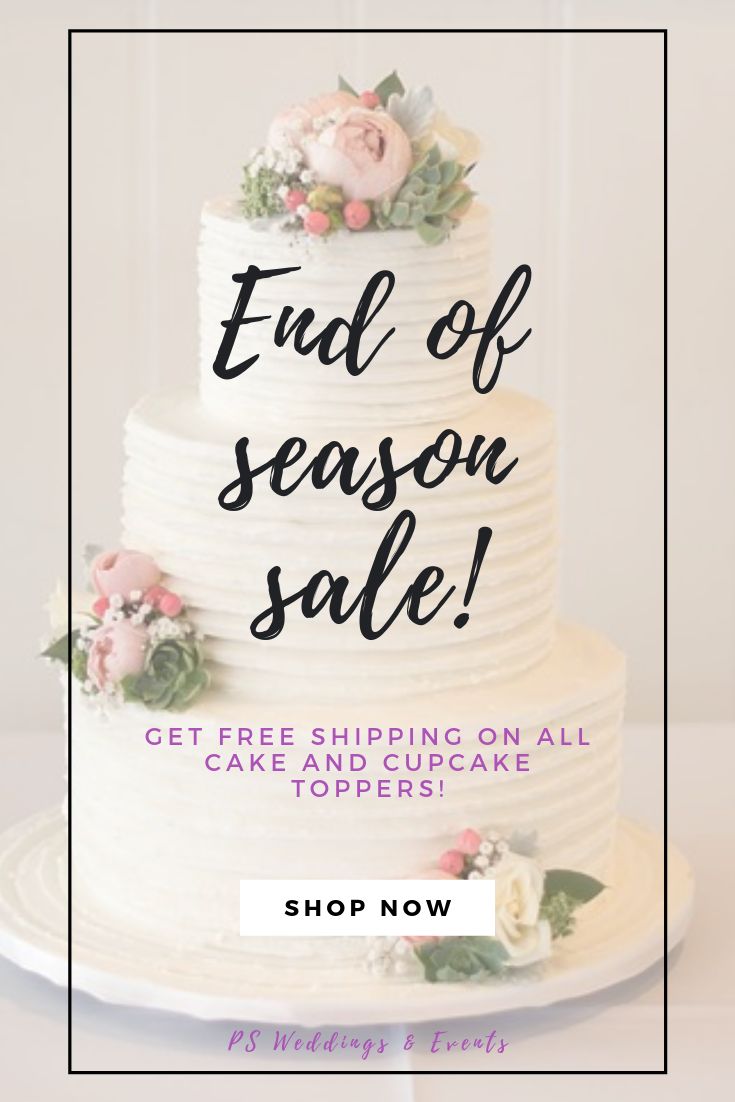 a white cake with flowers on it and the words end of season sale get free shipping on all cake and cupcake toppers