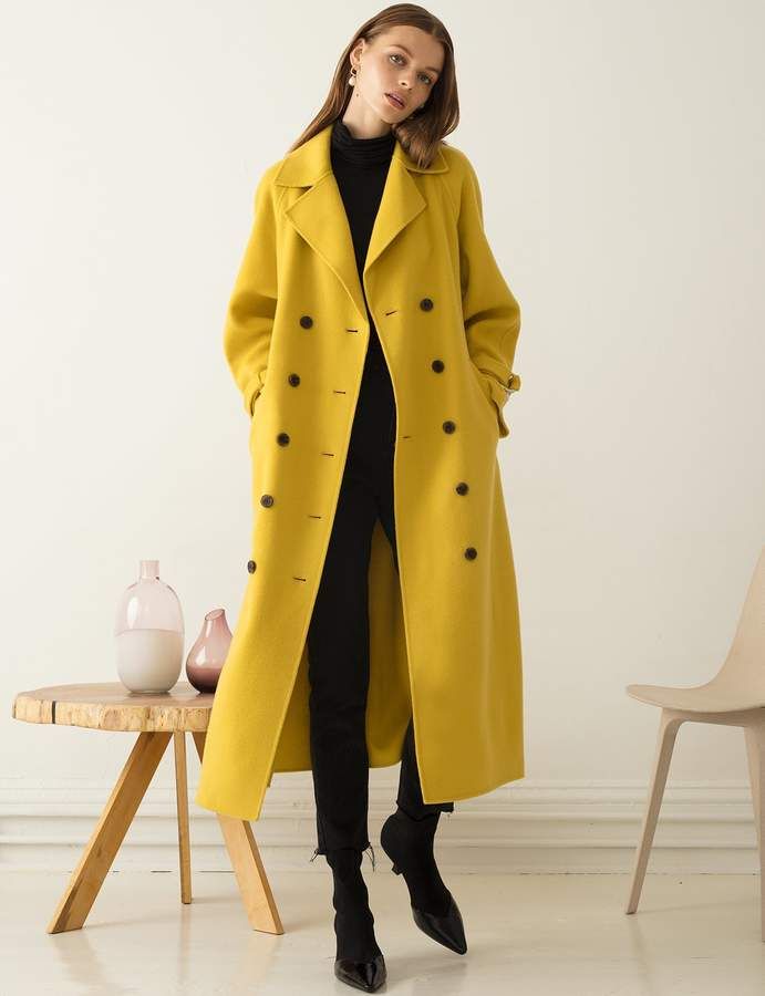 The Chemi Yellow Wool Long Coat Yellow Coat Outfit, Coat Outfit Casual, Yellow Trench Coat, Yellow Board, Long Coat Outfit, Long Winter Coats Women, Yellow Coat, Coat Outfit, Long Winter Coats