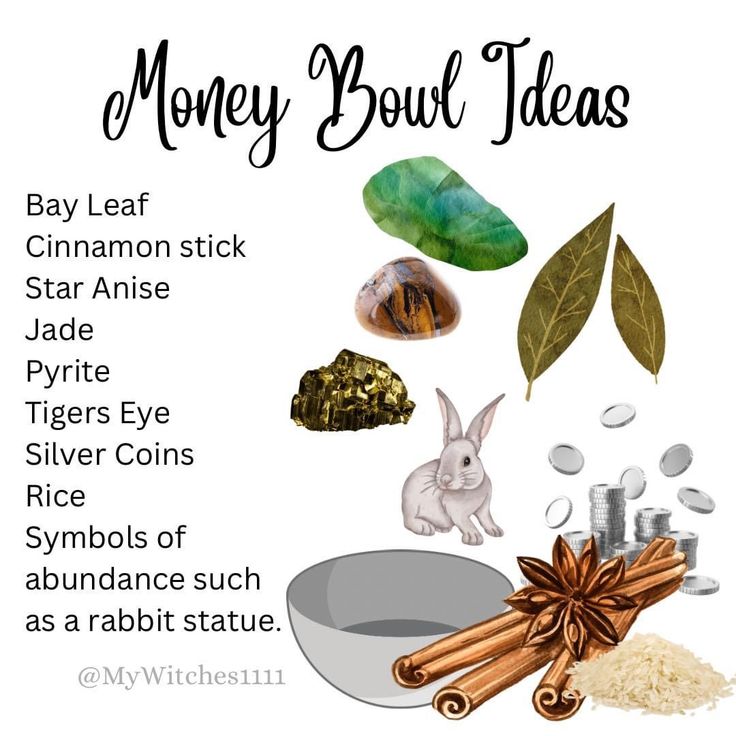 money bowl ideas with cinnamon stick, star anise, sage, silver coins and other items