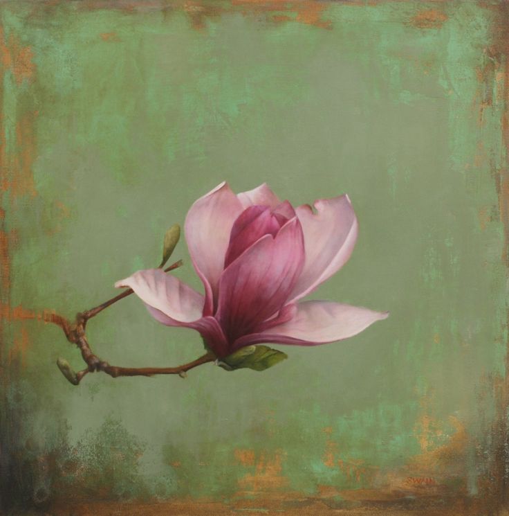 a painting of a pink flower on a green background