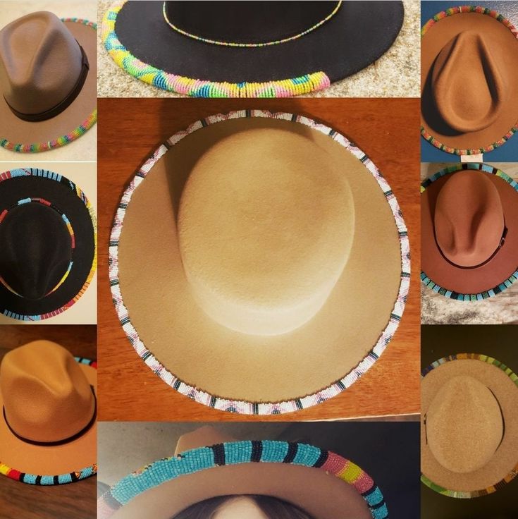 Wide brimmed felt or wool blend fedora featuring hand crafted seed beads surrounding the entire rim. Colors  and patterns can be customized to your preference.  Custom sizing, unique occasions or just a beautiful fashion statement, I will make the perfect hat for you. Each bead is individually hand threaded and attached to the rim of the hat. These are a labor of love.  This unique styling will catch attention everywhere you go. Your preference for the color and shape of the hat will be discusse American Indian Decor, Beaded Hats, Embroidery Jeans Diy, Beaded Hat Bands, Beaded Hat, Native Beadwork, Wide Brim Fedora, Native American Beading, Indian Decor