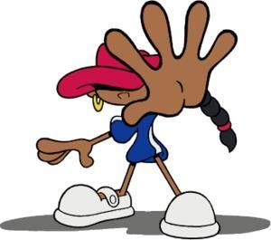 a cartoon character wearing a hat and holding his hand out to the side with one foot