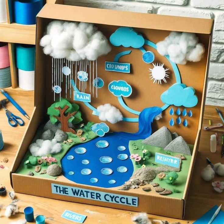 the water cycle in a cardboard box with scissors and other crafting supplies around it