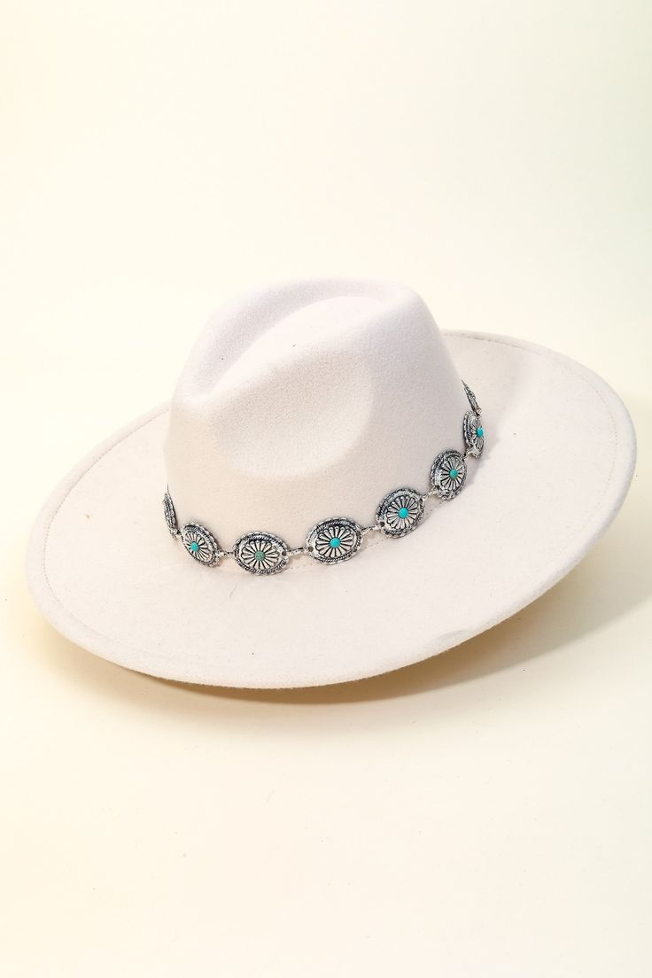 This is a trending fedora hat that features a gorgeous western concho chain fedora hat design. A must have in season accessory for this Spring season! 90% Polyester/10% Alloy Cream Country Fedora Hat, Western Cream Fedora With Curved Brim, Luxury Cream Western Fedora, Western Beige Fedora, Western-themed Fedora With Feather Trim, Turquoise Western, Western Hat, Metal Detail, Cowgirl Hat