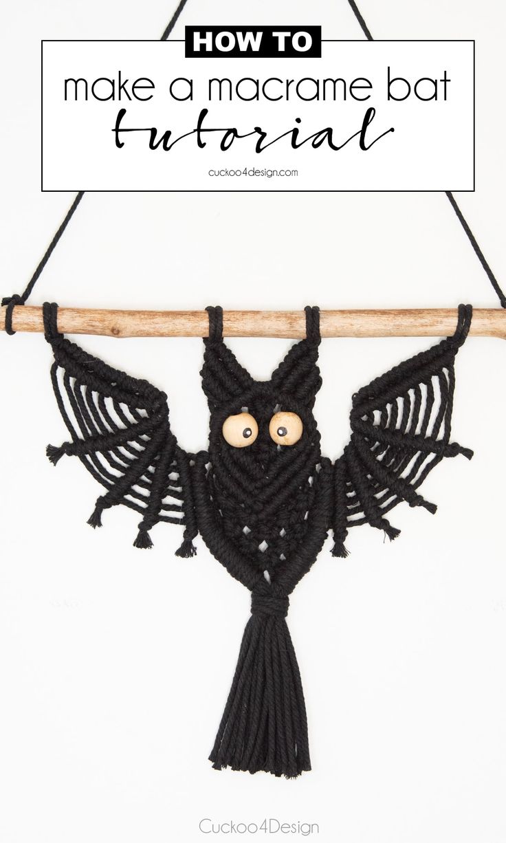 black macrame bat hanging on the wall How To Make A Macrame Bat, Macrame Herb Garden, Owl Macrame Wall Hanging, Macrame Bat Wall Hanging Tutorial, Macrame Halloween Decor Diy, Macrame Bat Wall Hanging Diy, Macrame Skeleton Tutorial, Macrame Bat Pattern, Macrame Ghosts Diy