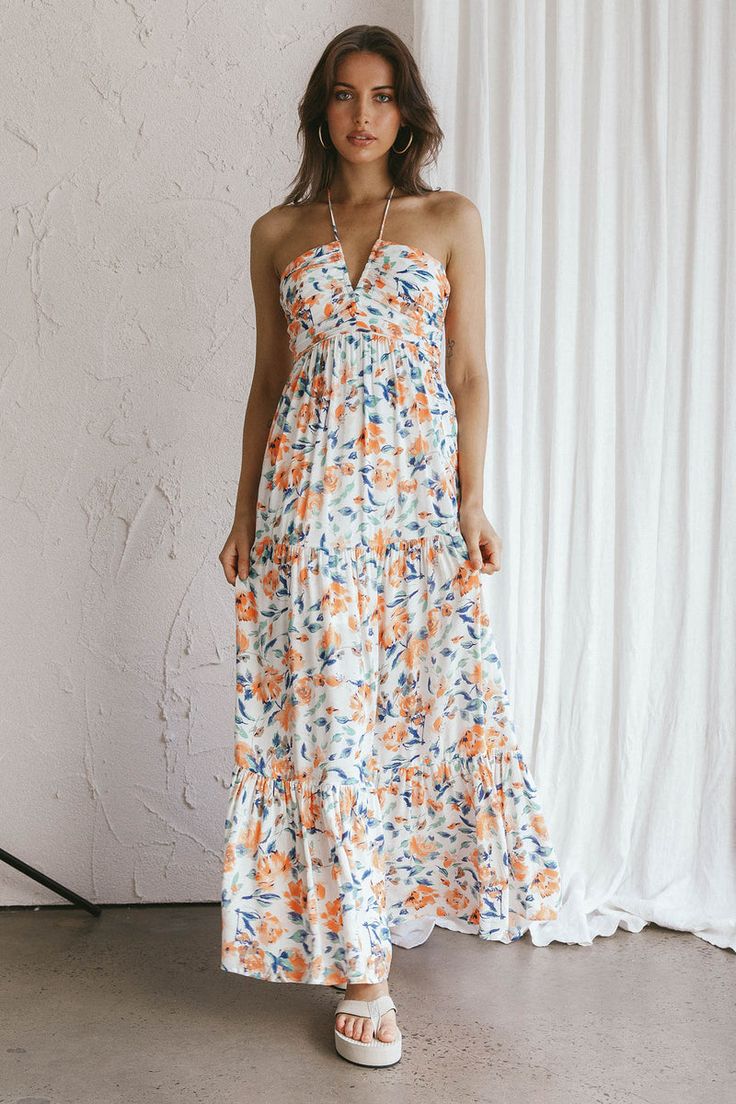 Maxi Dress Floral, Orange Maxi Dress, Halter Neck Maxi Dress, Floral Print Fabric, Blue Maxi, Floral Print Maxi Dress, Floral Print Maxi, Gothic Dress, Clothing Tags