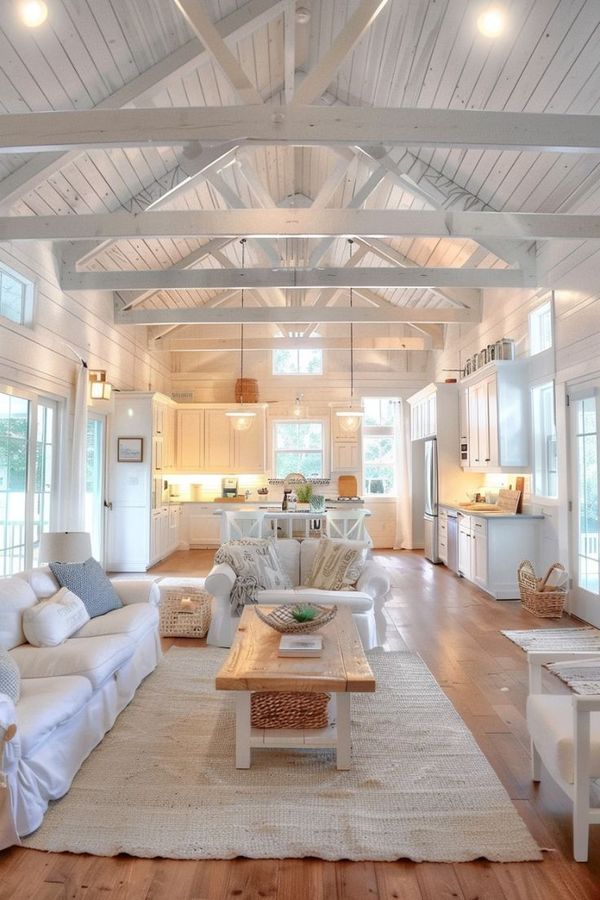 a living room filled with white furniture and wooden flooring next to an open kitchen