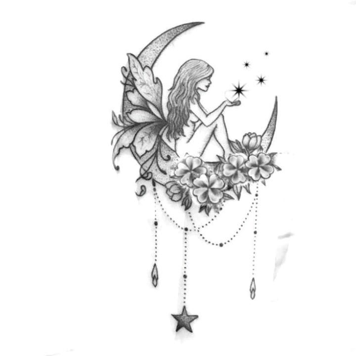 a drawing of a fairy sitting on the moon with flowers and stars around her legs