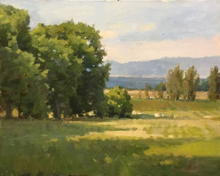 an oil painting of trees in a field