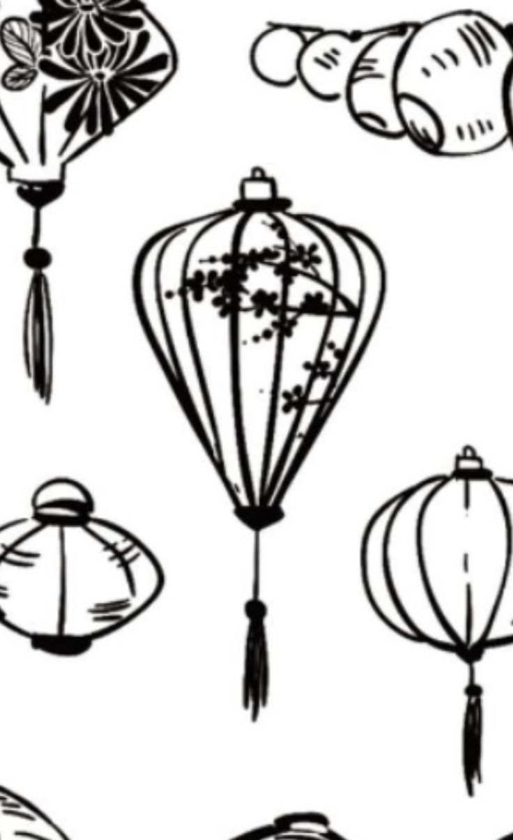 an image of different types of hot air balloons in black and white ink on paper