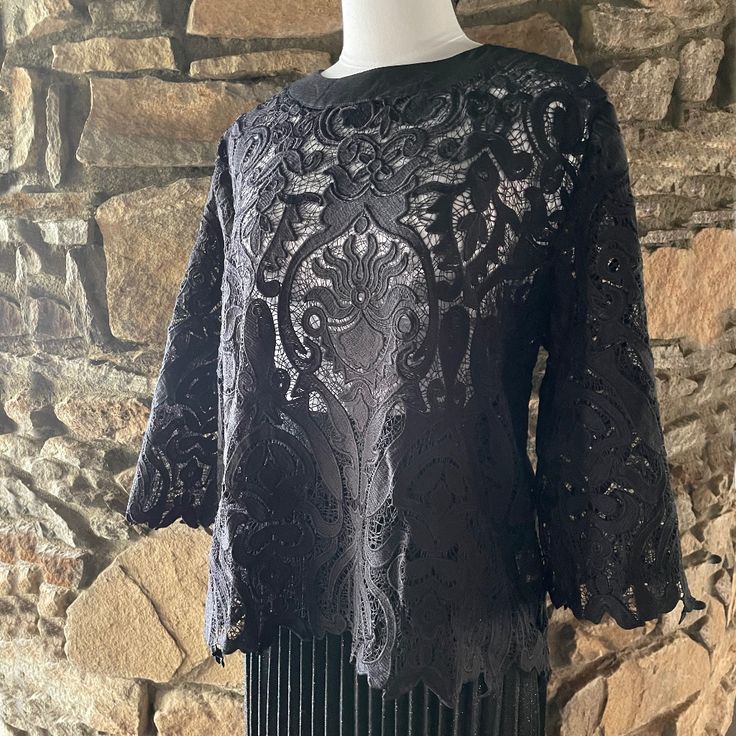 Simple Yet Stunning Black Lace Sheer Jewel Neck Blouse. Full Back Zipper. New With Tags. Spring Evening Blouse With 3/4 Sleeves, Fitted Black Blouse With 3/4 Sleeves, Black Fitted Blouse With 3/4 Sleeve, Chic Black 3/4 Sleeve Tops, Evening Tops With 3/4 Sleeves For Fall, Fall Evening Tops With 3/4 Sleeves, Chic 3/4 Sleeve Blouse For Night Out, Black 3/4 Sleeve Party Top, Elegant 3/4 Sleeve Blouse For Night Out