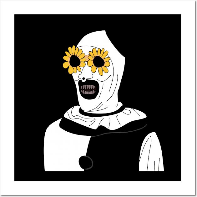 a person with sunflowers on their head in front of a black background and white frame