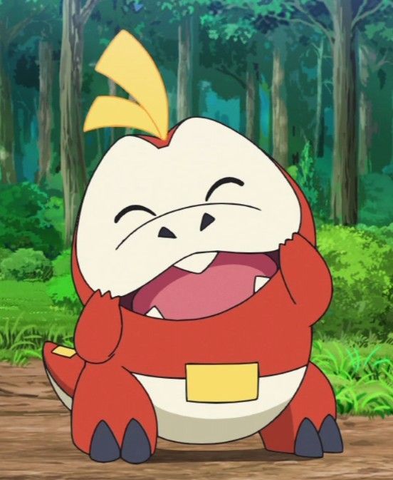 a cartoon character sitting in the woods with its mouth open and tongue out, looking at something