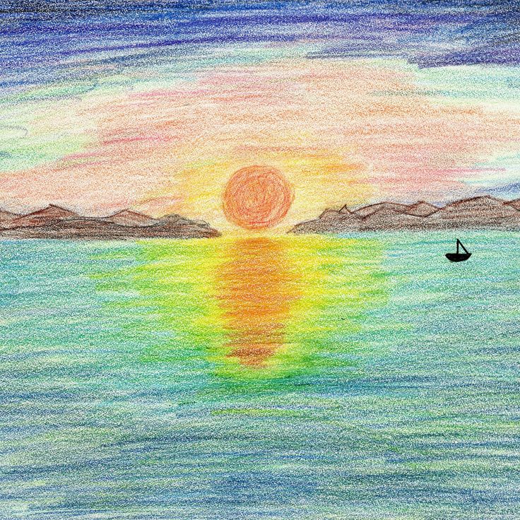 a drawing of a sunset over the ocean with a sailboat in the foreground