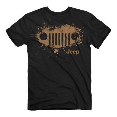 a black jeep t - shirt with brown paint splattered on the front and side