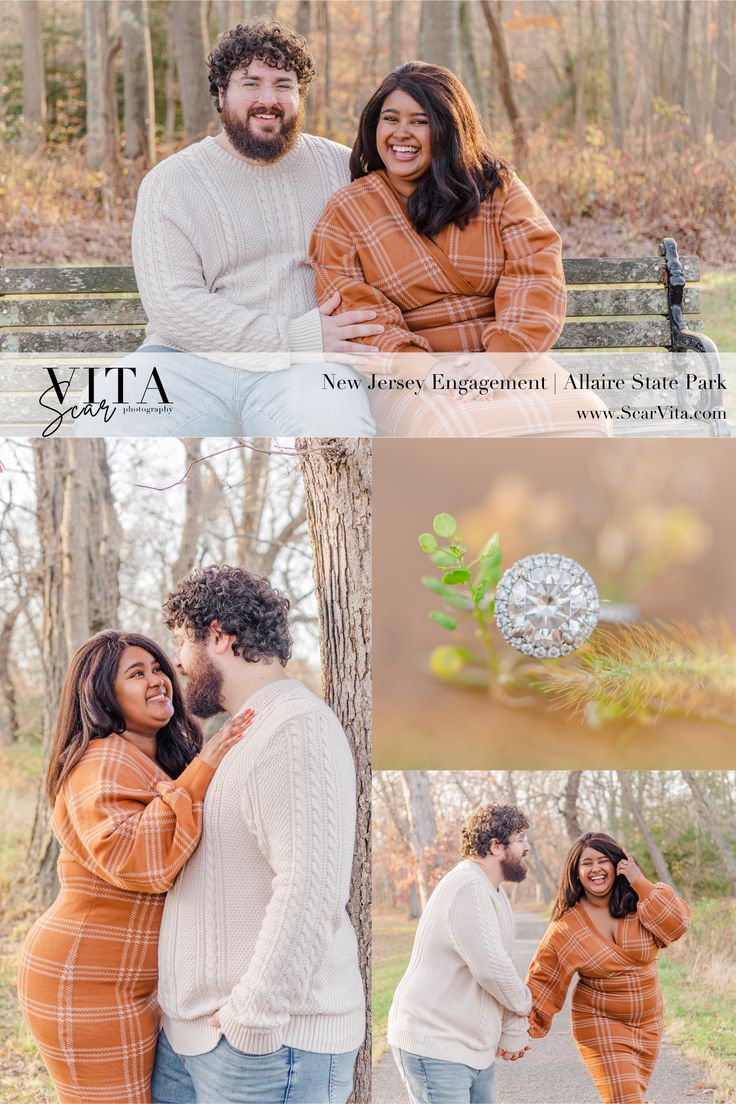 two people standing next to each other in front of a tree and smiling at the camera