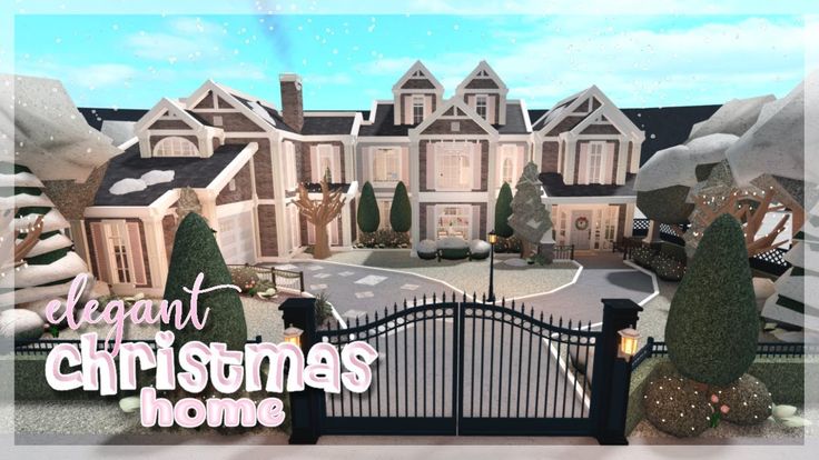 an animated christmas scene with a large house and trees in the background that says elegant christmas home