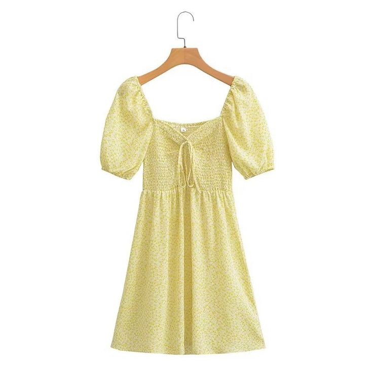 F00170373-104 Casual Knee-length Puff Sleeve Dress For Beach, Yellow Mini Dress For Casual Wear, Casual Puff Sleeve Dress For Beach, Casual Puff Sleeve Dress With Square Neck For Summer, Casual Square Neck Puff Sleeve Summer Dress, Yellow Knee-length Mini Dress For Casual Wear, Knee-length Puff Sleeve Dress For Beach Spring, Summer Beach Puff Sleeve Mini Dress, Casual Puff Sleeve Dress With Square Neck For Vacation