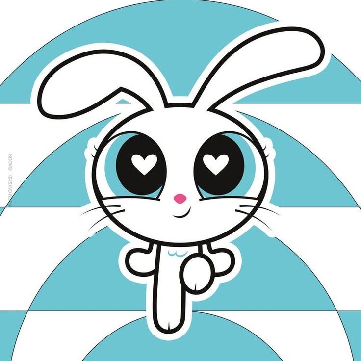 a cartoon rabbit with big eyes on a blue and white striped background