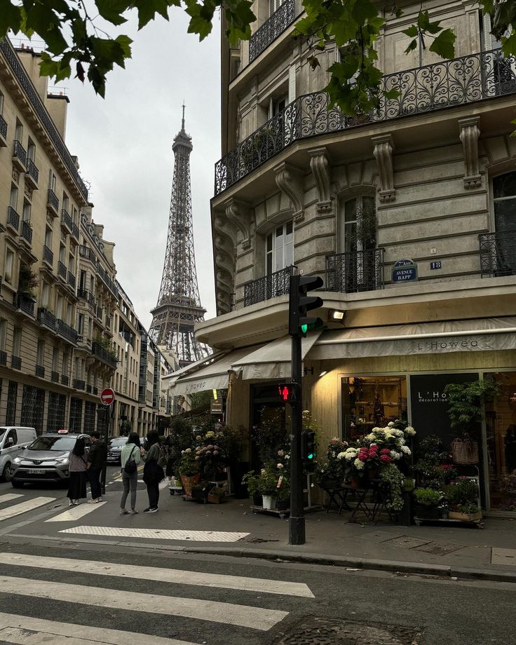 the eiffel tower is seen from across the street