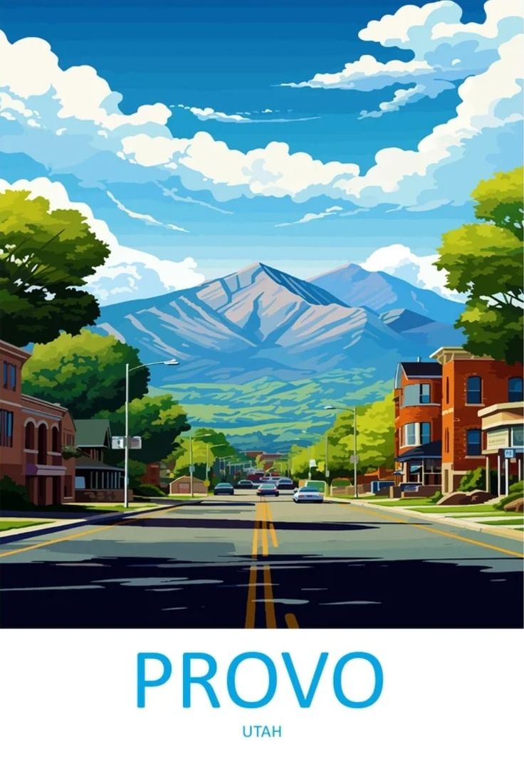 an image of a city street with mountains in the background and blue skies above it