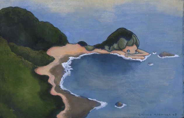 a painting of a beach with an island in the middle and trees on both sides