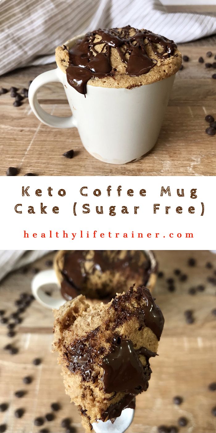 keto coffee mug cake with chocolate frosting on top and half eaten cookie in the middle