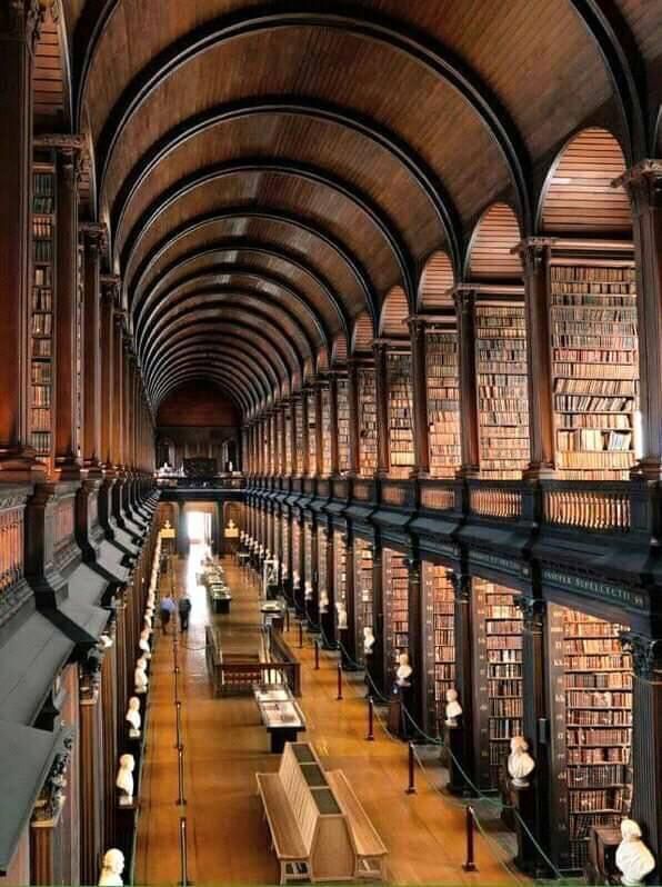 an empty library with many bookshelves and benches