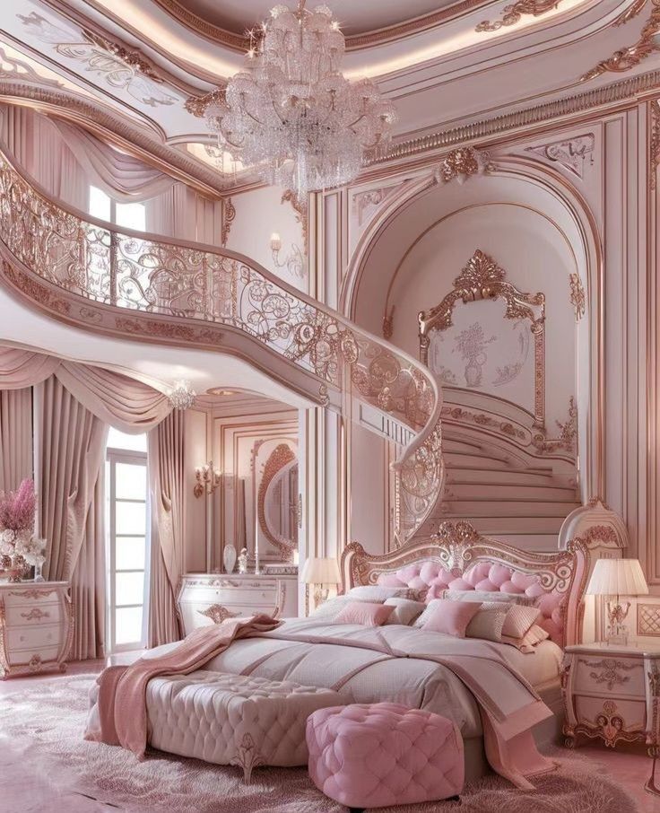 an elegant bedroom with pink and white decor, chandelier, bedding, and rugs