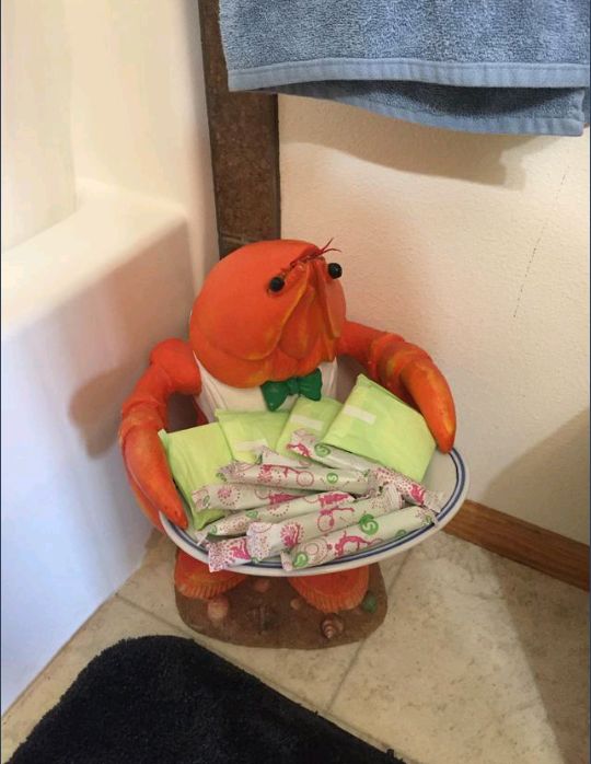 a stuffed animal holding a plate with wrapped food in it's hands and sitting on the floor