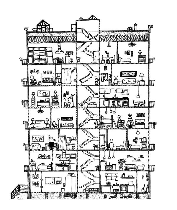 a drawing of a house with lots of rooms and stairs on each floor, all in black and white