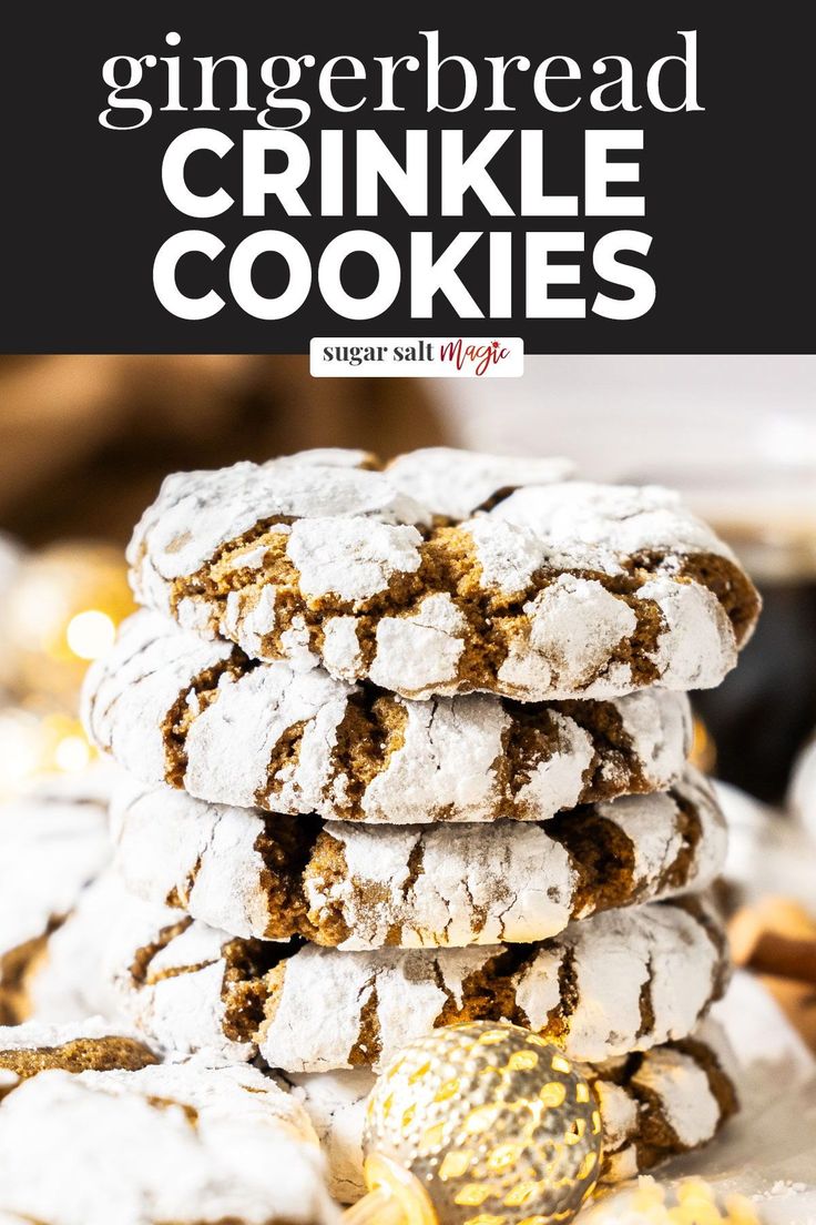 gingerbread crinkle cookies stacked on top of each other with text overlay