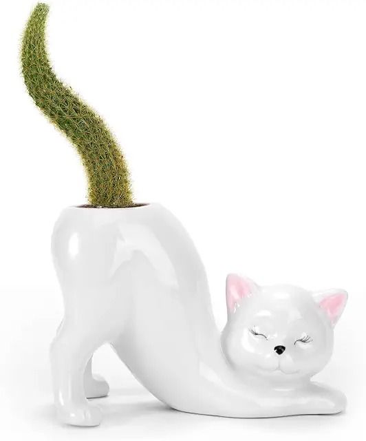 a white ceramic cat planter with a green cactus in it's back end