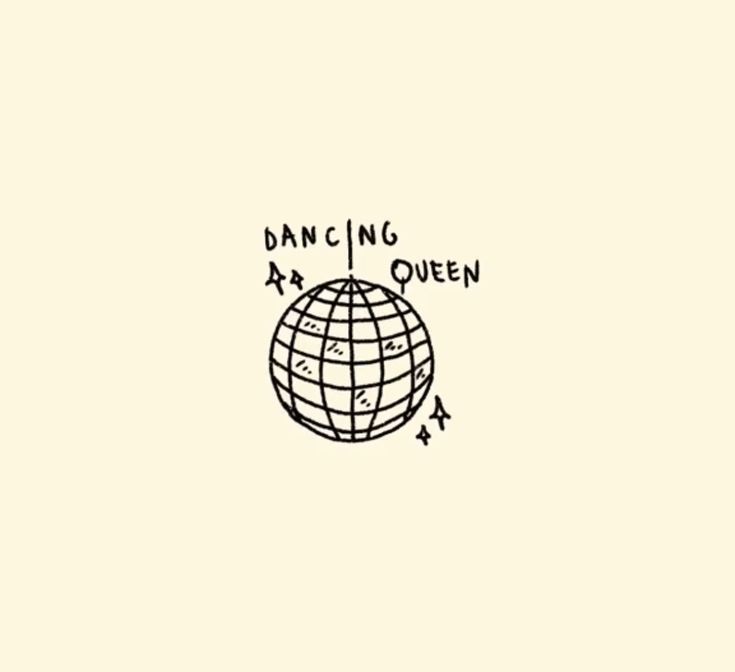 the dancing queen logo is shown in black on a beige background with an arrow pointing to it