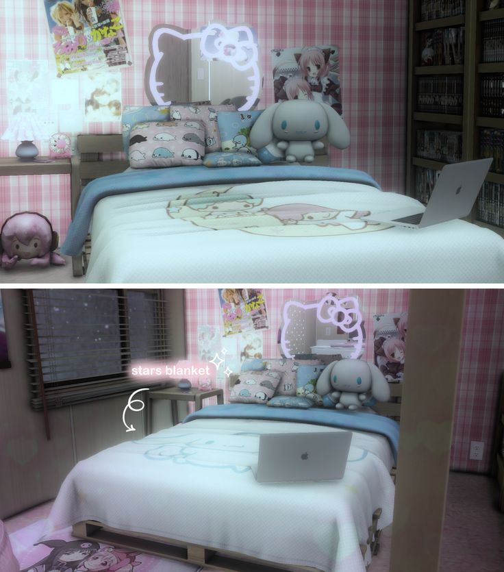 two pictures of a bed with hello kitty decorations on it