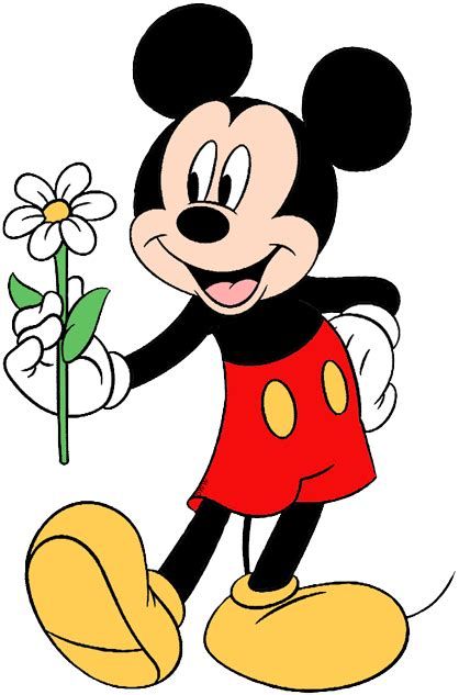 a cartoon mickey mouse holding a flower and pointing to it's left side with one hand