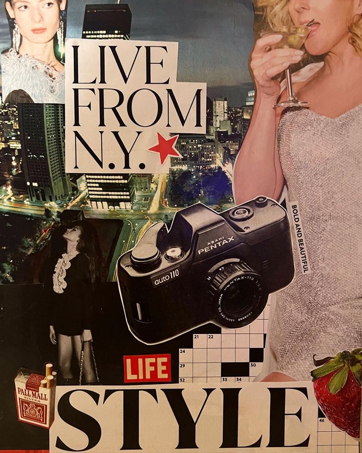 a woman holding a camera in front of a poster