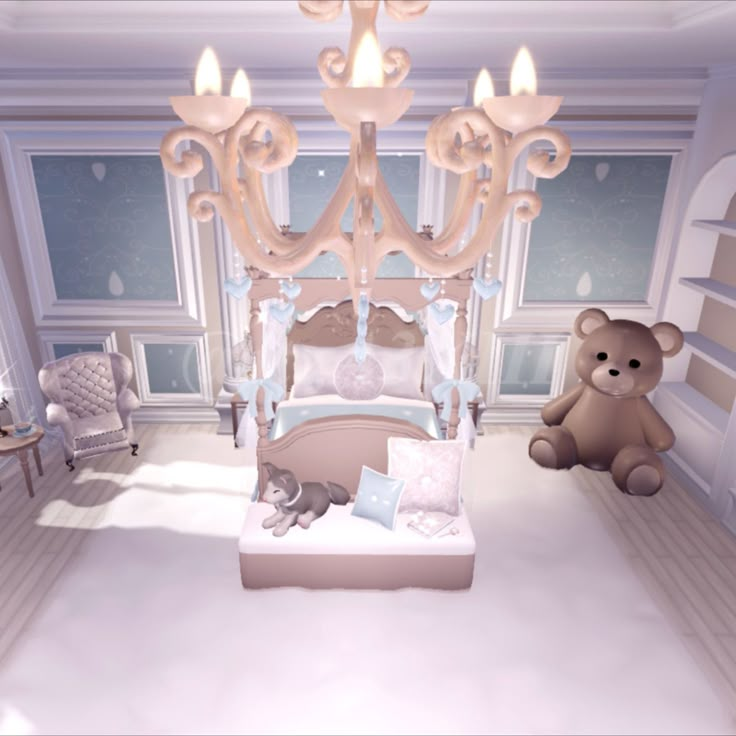 a teddy bear sitting in front of a bed with a chandelier above it