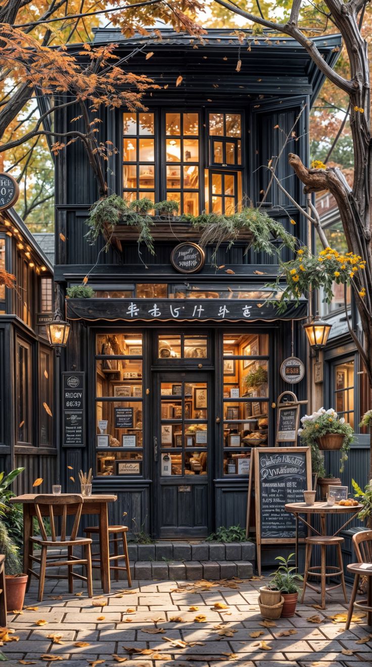 an outdoor cafe with tables and chairs in front of it, surrounded by greenery