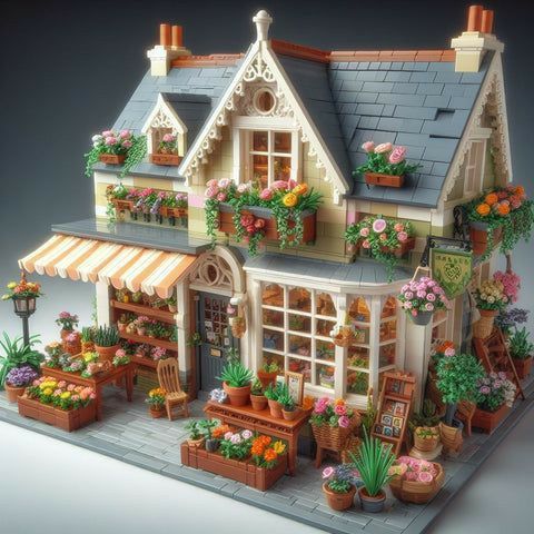 a doll house with flowers and potted plants on the front porch, windows and doors