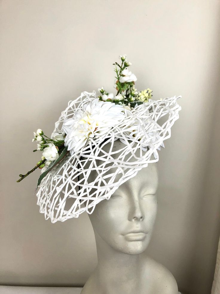 "Kentucky Derby- Horse Race-Flower Garden Fascinator- Ladies Luncheon hat- Flower Headband- Wedding - Day at the Races- Polo Match Hello,     Perfect for a tea party, wedding, ladies' lunch, bridal or baby tea party or a day at the races!    Off white flowers match many outfits! This fascinator has a about 14\" diameter.... flowers are placed on along the center.  Two large white dahlias (6\")  and assorted spring blossoms And greenery . It's on a skinny 1/8' matching satin covered headband that Elegant Flower Headpieces For Spring, Elegant Spring Ceremony Fascinator, Fitted Formal Headpieces For Spring, Spring Formal Fitted Headpieces, Spring Formal Fascinator With Handmade Flowers, Summer Ceremony Hats And Headpieces, Elegant Headpiece With Pinched Crown For Garden Party, Elegant Flower Mini Hat For Garden Party, Elegant Flower-shaped Mini Hat For Garden Party